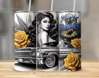 FootballTumbler Wrap Design, 20oz Digital Sublimation, Lowrider Car, Woman and Roses, Football Helmet, Gift for Fan