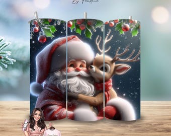 Santa and Rudolf 20 oz Skinny Tumbler Wrap Sublimation Design, Straight & Tapered  PNG Wrap, Instant Download Christmas Tumbler