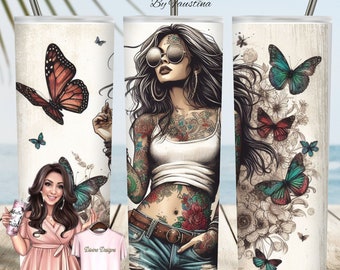 Tattoo Lady Tumbler Wrap Sublimation Design, Boho Hippie (PNG Digital Download)