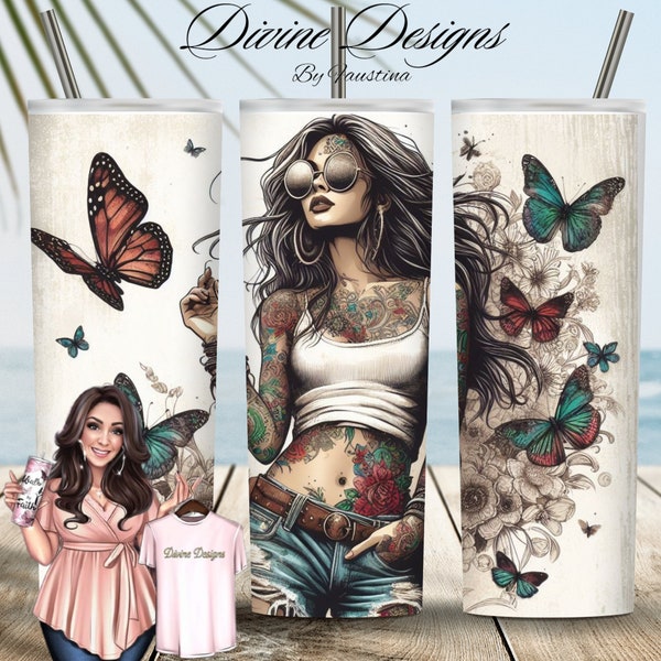 Tattoo Lady 20 oz Skinny Tumbler Wrap Sublimation Design, Straight & Tapered Wrap, Tumbler Wrap, Tumbler Png, Instant Download Boho Hippi