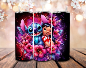 Lilo & Stitch Tumbler with Flowers | 20oz Skinny | Gift Ideas