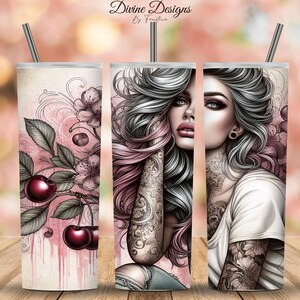 Tattooed Beauty Digital 20oz Tumbler Wrap, Cherry Blossom Design, Grunge Girl Tumbler Design, Downloadable Tumbler Wrap, Sublimation Design