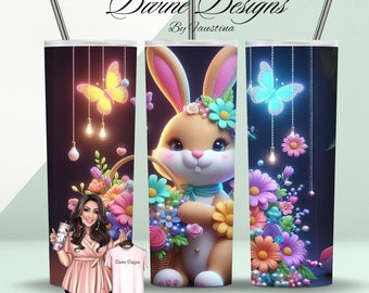 Envoltura para vaso de conejito de Pascua, diseño floral de 20 oz (PNG, descarga digital)