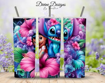 Stitch Tumbler Wrap PNG, Floral Cartoon Design (Digital Download)