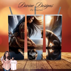 May include: Three stainless steel tumblers with a design featuring a Native American woman with long black hair, a wolf pup, and a scenic landscape with a waterfall. The tumblers are all the same size and shape, and they have a white background with a black outline.