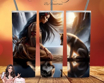 Native American Woman & Wolf Tumbler Wrap Sublimation Design (PNG)