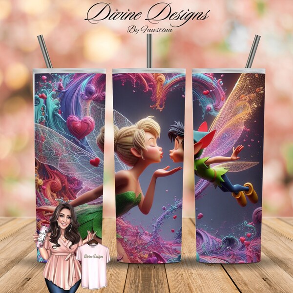 Tinkerbell and Peter Pans kiss 20 oz Skinny Tumbler Sublimation Design, Straight & Tapered Wrap, Tumbler Wrap, Tumbler Png, Instant Download