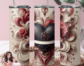 Valentines Tumbler Sublimation Design, Floral Heart Wrap (PNG Digital Download)