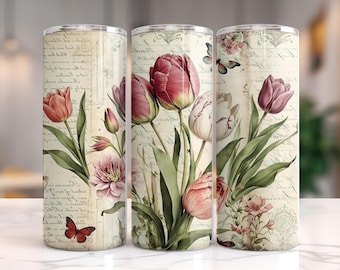 Vintage Botanical Tulip Tumbler Wrap – 20oz Skinny Tumbler Sublimation Design