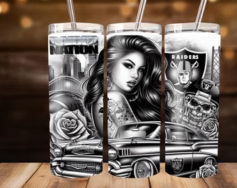 Lowrider art 20oz Digital Tumbler Wrap, Skull Car Roses Art, baseball Fans, Girl Tattoo Sublimation Design, Fan Gift for Sports Lover