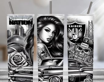 Lowrider art 20oz Digital Tumbler Wrap, Skull Car Roses Art, Oakland Football, Girl Tattoo Sublimation Design, Fan Gift for Sports Lover