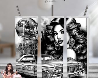 Lowrider art 20oz Digital Tumbler Wrap, Car Art, Oakland Football, Girl Tattoo Sublimation Design, Fan Gift for Sports Lover