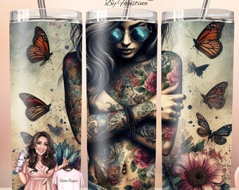 Tattoo Lady Butterfly 20 oz Tumbler Sublimation Design (PNG Digital Download)