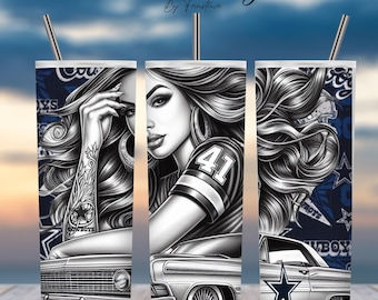 Lowrider art 20oz Digital Tumbler Wrap, Car Art,  Football, Girl Tattoo Sublimation Design, Fan Gift for Sports Lover