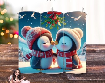 Christmas Penguin Kiss Tumbler Wrap Sublimation Design (PNG Digital Download)