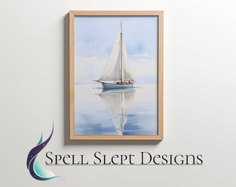 Muted Watercolor Sailboat Print, Vintage Nautical Painting, Neutral Seascape Print, Minimalist Digital Printable Art