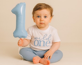 May include: A baby wearing a white t-shirt with "wild one" in blue script, blue pants, and holding a light blue number one balloon. The baby is sitting with legs crossed. The background is a solid beige color.