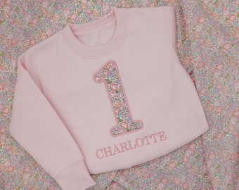 Personalised 1st Birthday Sweatshirt | Liberty of London - Birthday Number Kids Sweatshirt | Girls First Birthday Sweatshirt