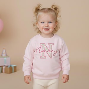 Personalised Initial & Name Sweatshirt – Liberty Fabric Appliqué | Custom Kids Jumper (6M–10Y)