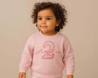 Personalised Birthday Jumper with Liberty Appliqué – Embroidered Name Over Number