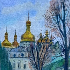 Landscape Painting Original Old European City Old Houses, Watercolor on Art 6x11&quot;