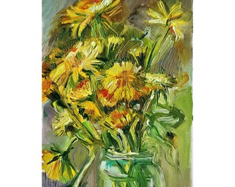 Field Dandelions Bouquet Oil Painting Dandelions Flowers Original Art Wall Drawings 12 x 8"