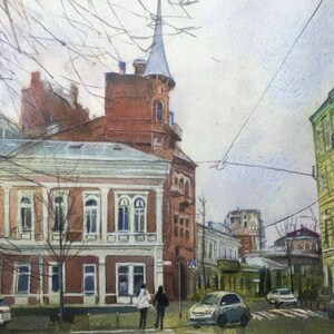 Landscape Painting Original Old European City Old Houses, Watercolor on Art 9x12&quot;
