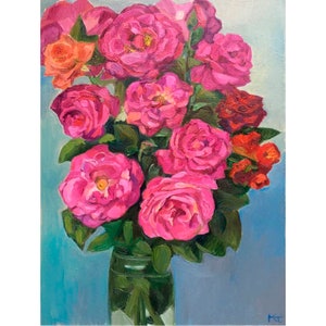 Rose in un vaso Pittura a olio Bouquet di fiori, fiori Arte originale Disegni murali 16 x 12 pollici