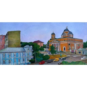 Landscape Painting Original Old European City Temples, Watercolor on Art 7.5 x 15.5&quot;