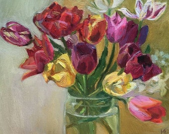 Flowers Tulips Oil Painting Bouquet Red Tulips Original Art Wall Art 9 X 6