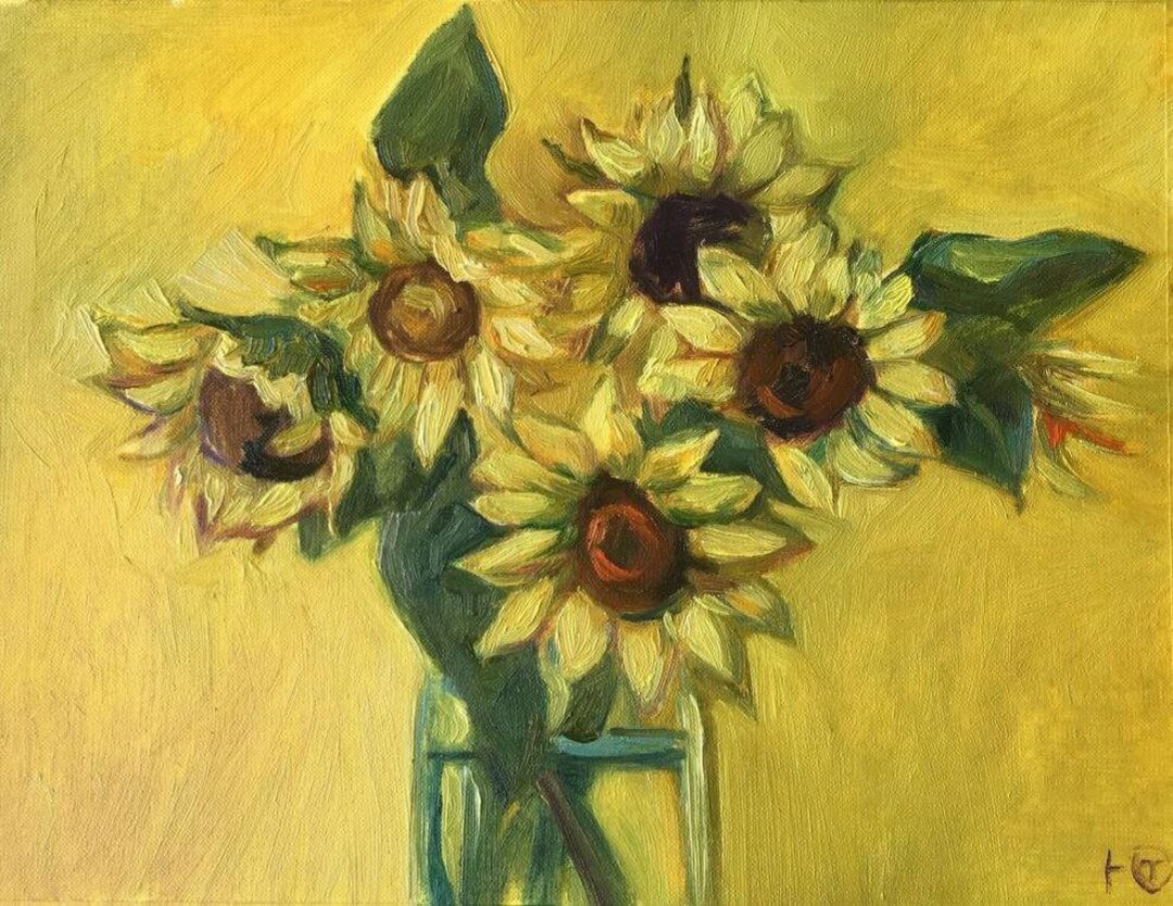 Bouquet of Sunflowers Oil Painting Rose Bush Original Art Wall Art 9 X ...