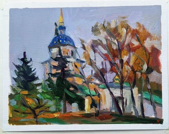 油絵風景画オリジナル、段ボールに描いた絵画、風景画、手作りアート