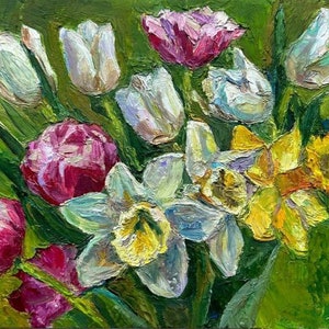 Tulipas de narcisos pintura a óleo buquê de flores selvagens com papoulas margaridas sinos flores arte original parede 8x12"