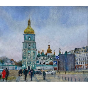 Landscape Painting Original Old European City Old Houses, Watercolor on Art 11 x 13&quot;