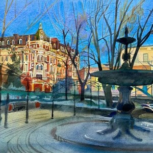 Landscape Painting Original Old European City Old Houses, Watercolor on Art 11x14&quot;