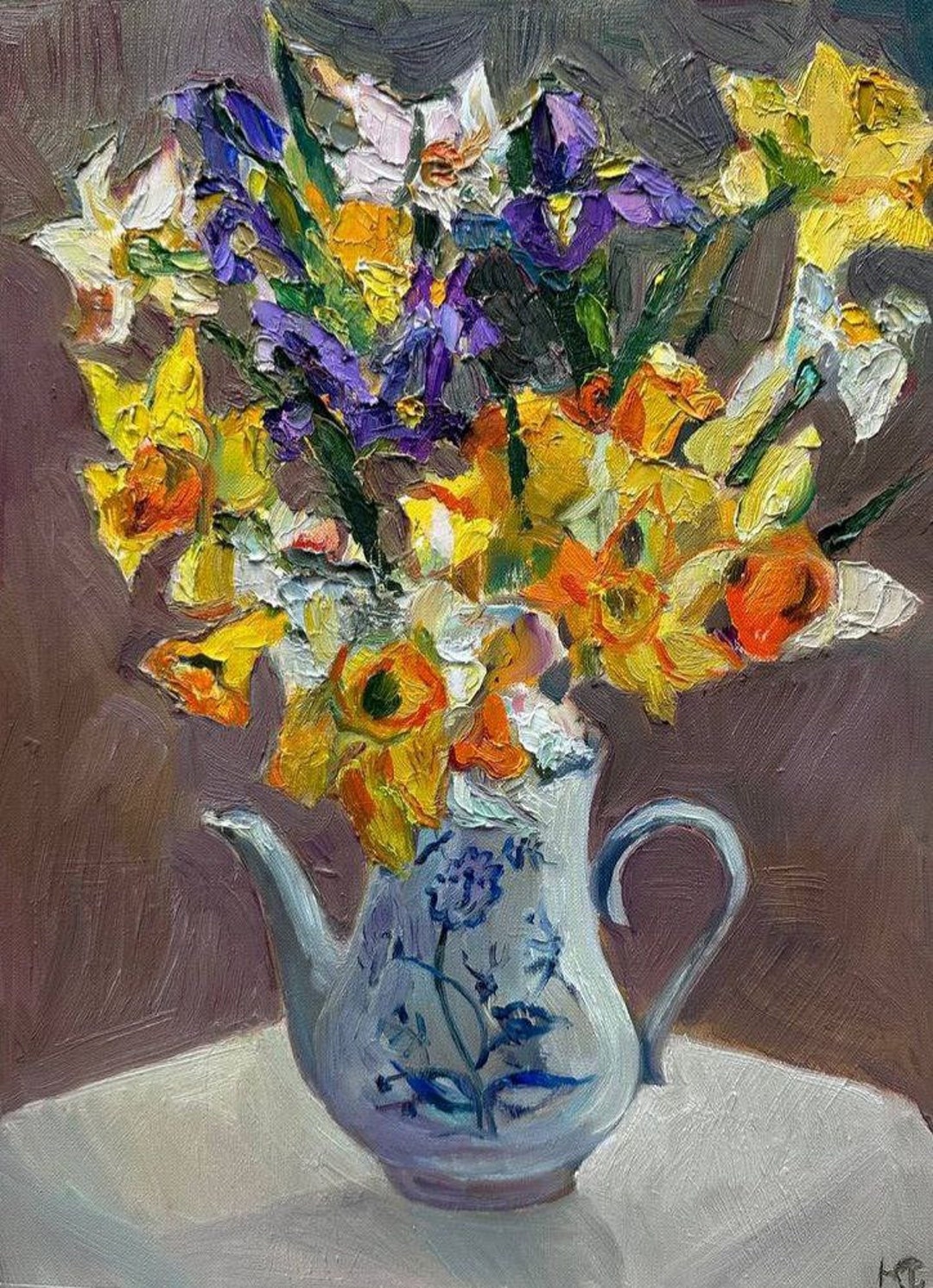 Daffodils and Irises in the Teapot Oil Painting Bouquet of Flowers ...
