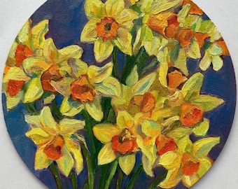 Bouquet of flowers daffodils inscribed in a circle Original Art Wall Art Circle 12"