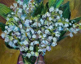 Oil painting lilies of the valley Bouquet of fresh lilies of the valley Flowers Original art Wall drawings 9 by 11