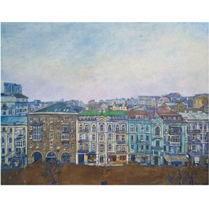 City Landscape Painting Original Old European Town Old Houses, Acrylic on Stretched Canvas Wall Art 31x39