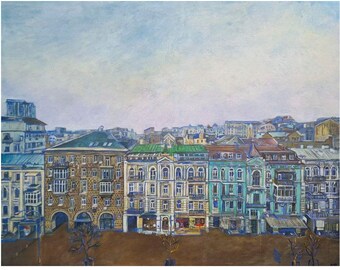 Dipinto di paesaggio urbano europeo: dipinto originale in acrilico raffigurante una città vecchia (31x39)