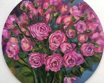 Bouquet of fresh roses inscribed in the circle Original Art Wall Art Circle 12"