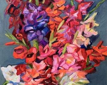 Gladioli Oil Painting Bouquet of Gladiolus Flowers Original Art Wall Art 17 by 11.5
