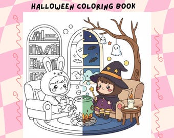 May include: A Halloween coloring book with the text "COZY & CUTE" and "HALLOWEEN COLORING BOOK". The illustration features a witch and a person in a bunny costume, a cauldron, and a bookshelf. The background is a pink and white checkered pattern.