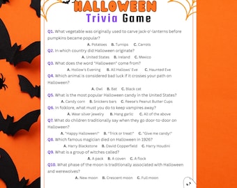 Puede incluir: Una hoja de juego de trivia de Halloween con texto naranja y blanco. El juego incluye diez preguntas sobre Halloween, con respuestas de opción múltiple. Murciélagos decorativos y una telaraña enmarcan el texto.