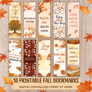 May include: Ten rectangular bookmarks featuring autumn-themed illustrations including maple leaves, trees, deer, hedgehogs, and mushrooms. Each bookmark displays unique seasonal text such as Fall in love with reading, Where leaves fall, stories begin, and Autumn is made for reading.