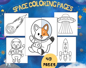 May include: A collection of space-themed coloring pages with illustrations of a comet, a cat astronaut, a fox astronaut, a UFO, and a rocket. The words "SPACE COLORING PAGES" are at the top, and "40 PAGES" is in a yellow circle.