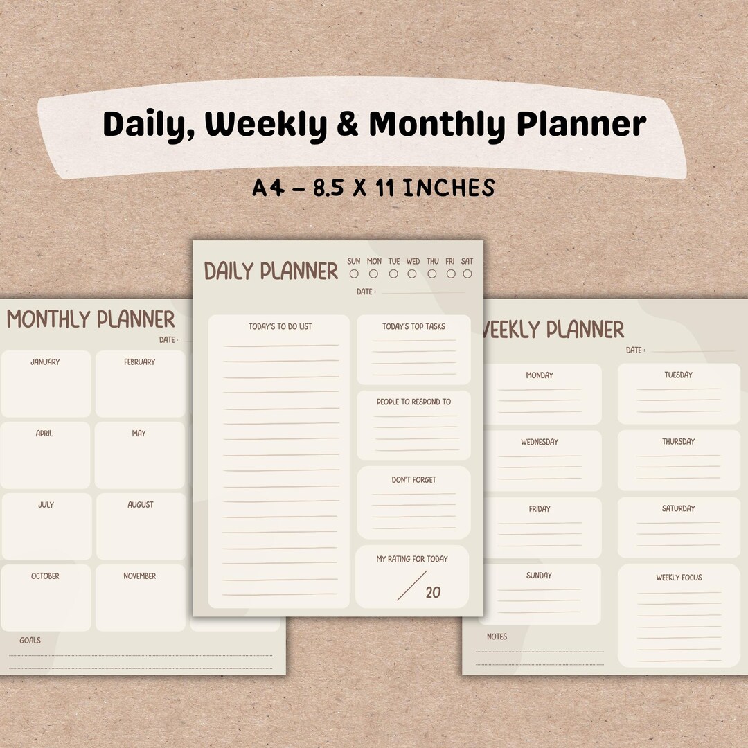 Daily Weekly Monthly Planner Printable PDF | Productivity Planner ...