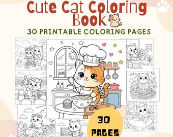 Cute Cat Coloring Book, 30 Fun Pages (Digital Download)
