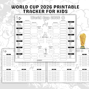 以下が含まれることがあります： 子供向けの白黒印刷可能な2026年ワールドカップトーナメントトラッカー。このドキュメントには、32ラウンド、16ラウンド、準々決勝、準決勝、決勝のセクションがある中央ブラケットと、参加グループのリストが含まれています。