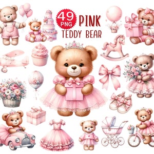 Clipart ours en peluche aquarelle rose, clipart ours en peluche rose pour les filles, clipart bébé fille, clipart Saint-Valentin rose, baby shower pour une fille